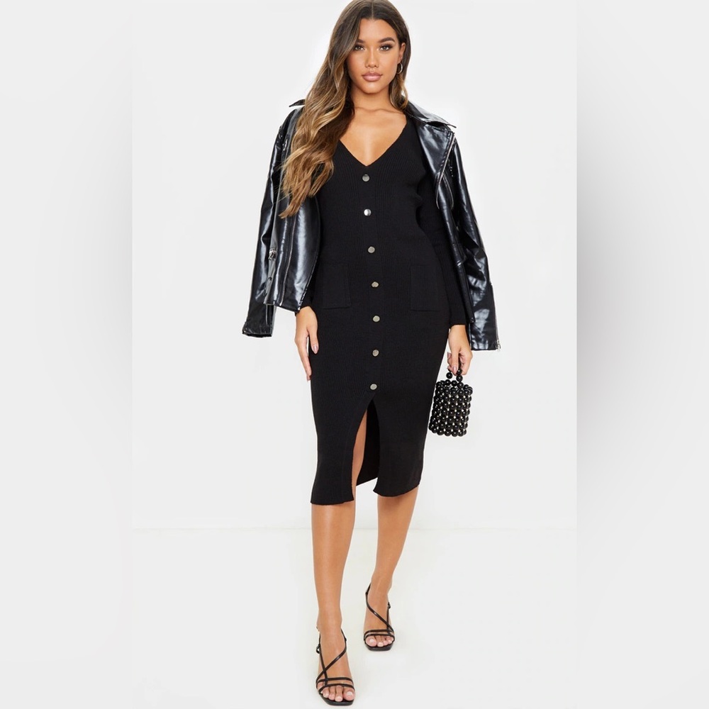 Hearts and Hips Black Button Front Knitted Midi Dress size large - Picture 2 of 9